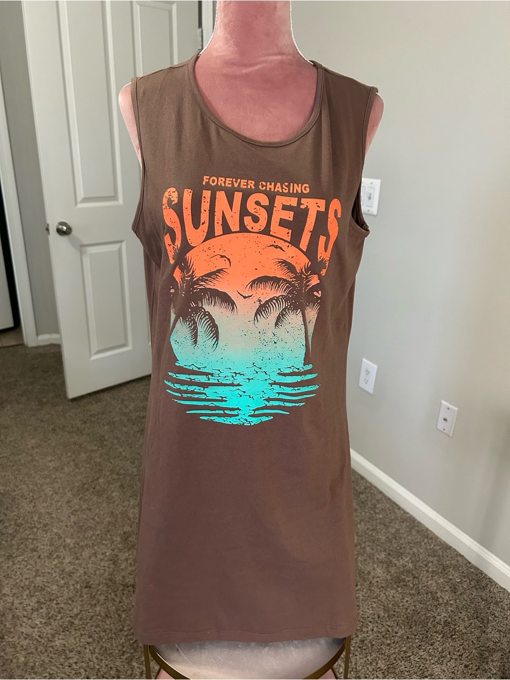 Sunsets Graphic Tank Dress - Brown